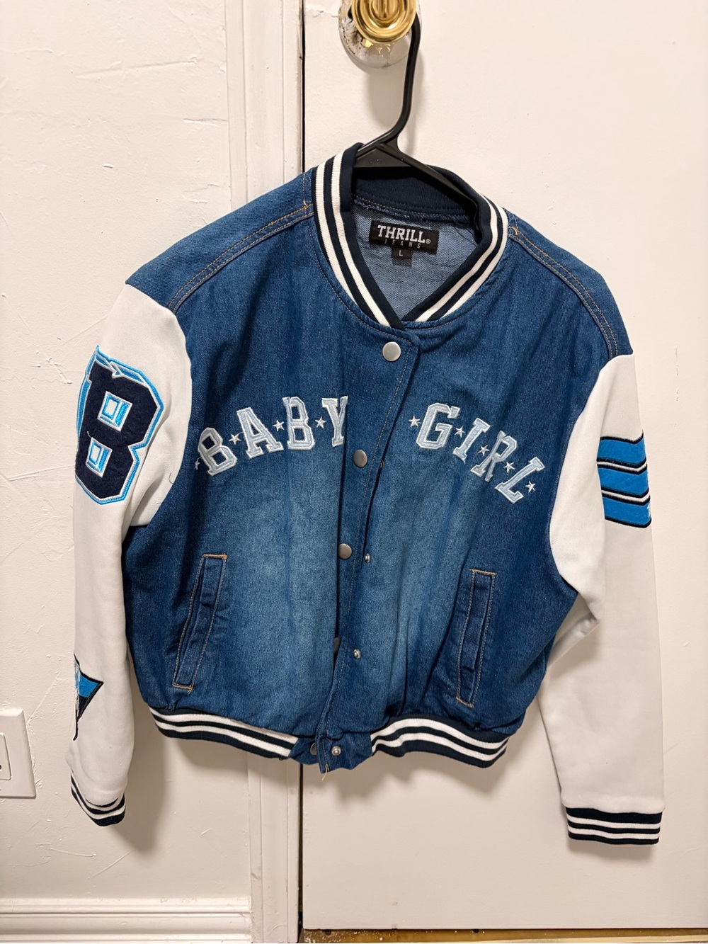 Thrill Blue Denim and White Letterman Jacket with Light Blue Accents